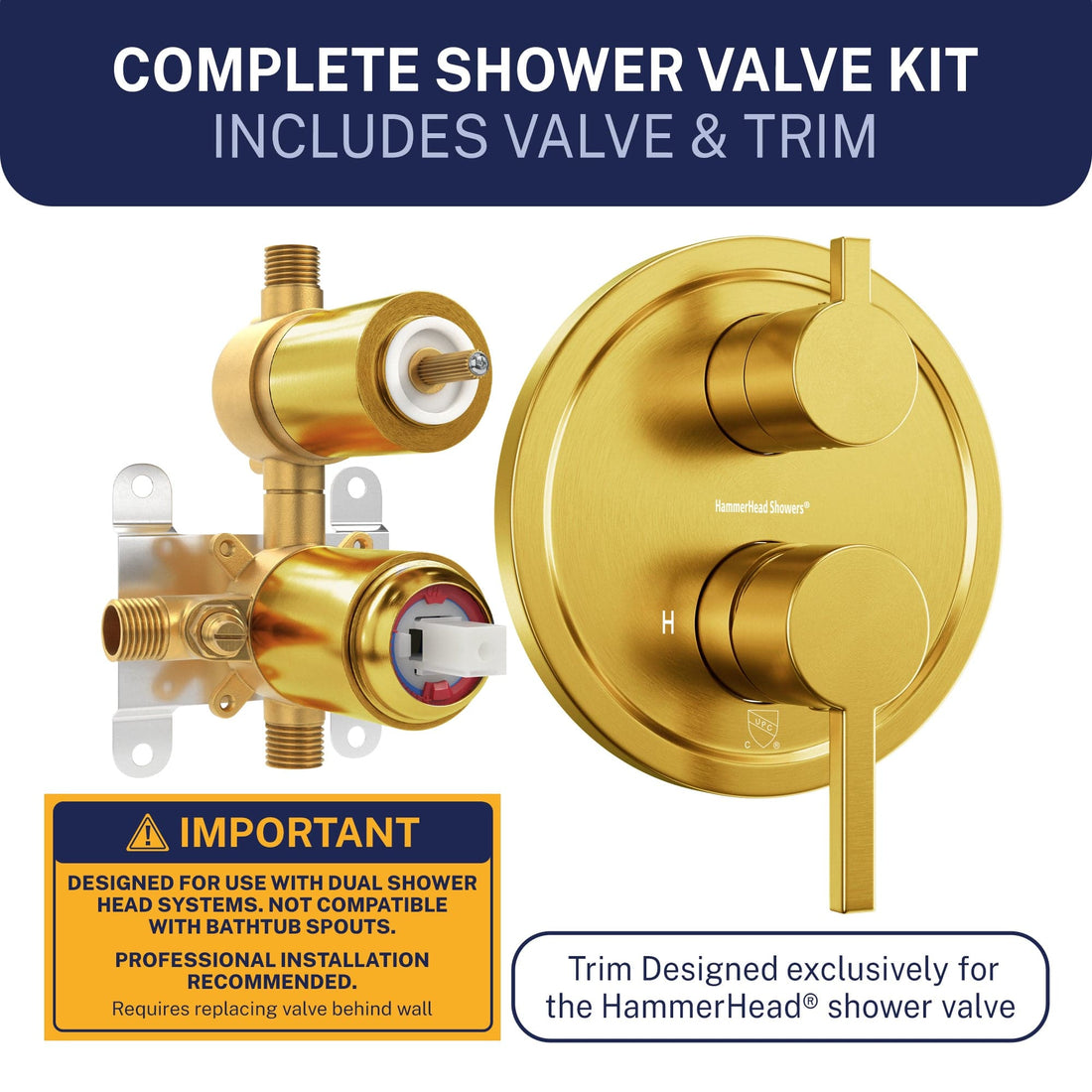 Complete Kit 2-Handle Valve and Trim Brushed Gold  - The Shower Head Store