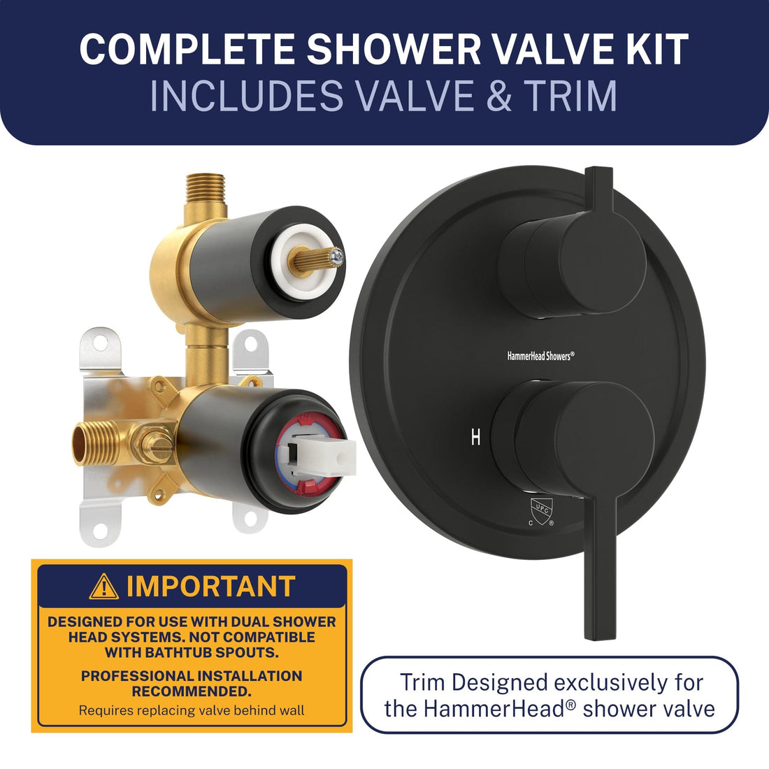 Complete Kit 2-Handle Valve and Trim Matte Black  - The Shower Head Store