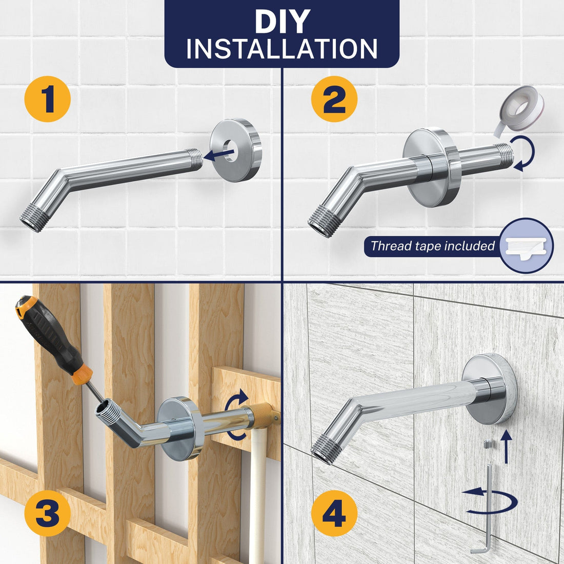 Installation All Metal 7" Shower Arm HammerHead Gray - The Shower Head Store