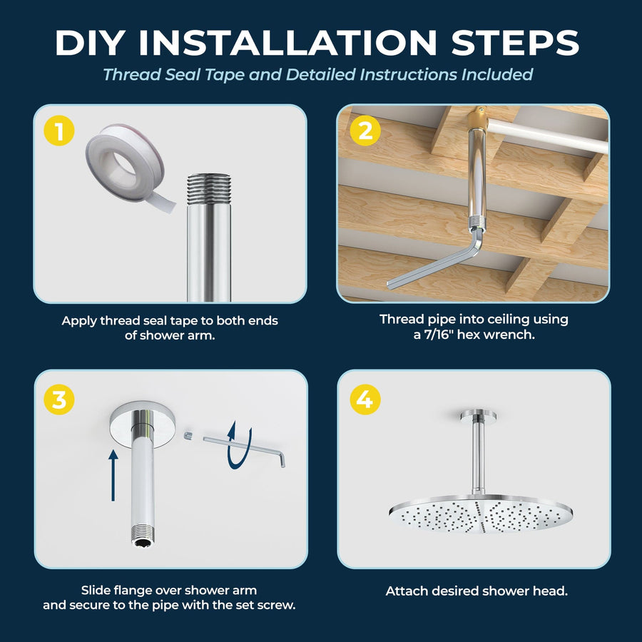 Installation 6" Straight Shower Arm Chrome - The Shower Head Store