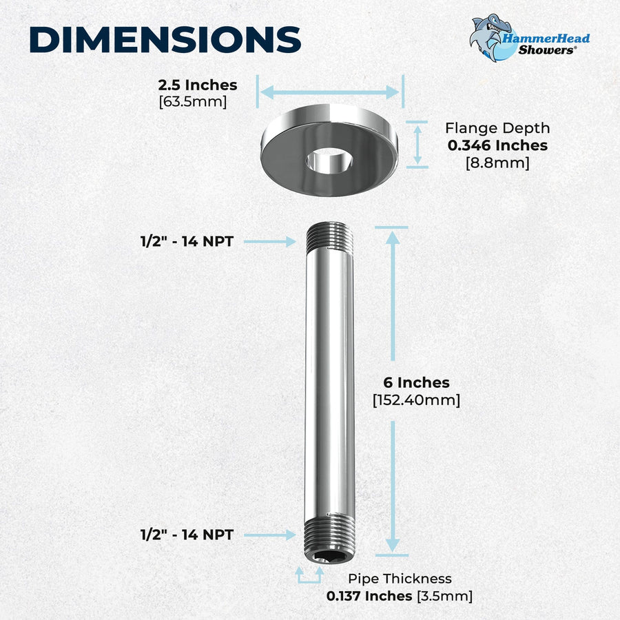 Locking Flange Feature 6" Straight Shower Arm Chrome - The Shower Head Store