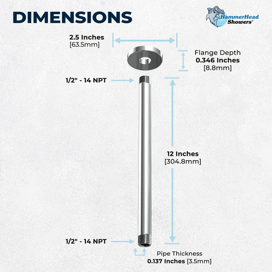 Dimensions 12" Straight Shower Arm Chrome - The Shower Head Store