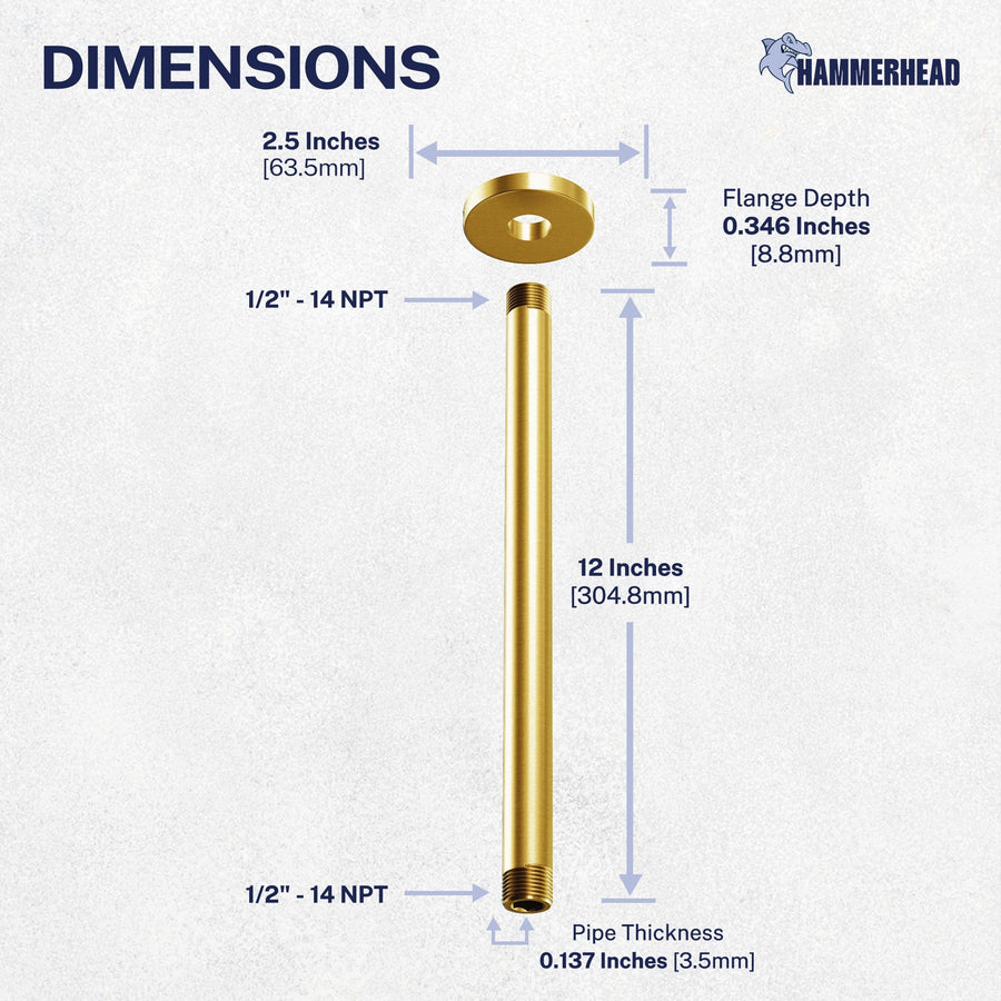 Dimensions Straight Shower Arm Brushed Gold / 12 Inch - The Shower Head Store
