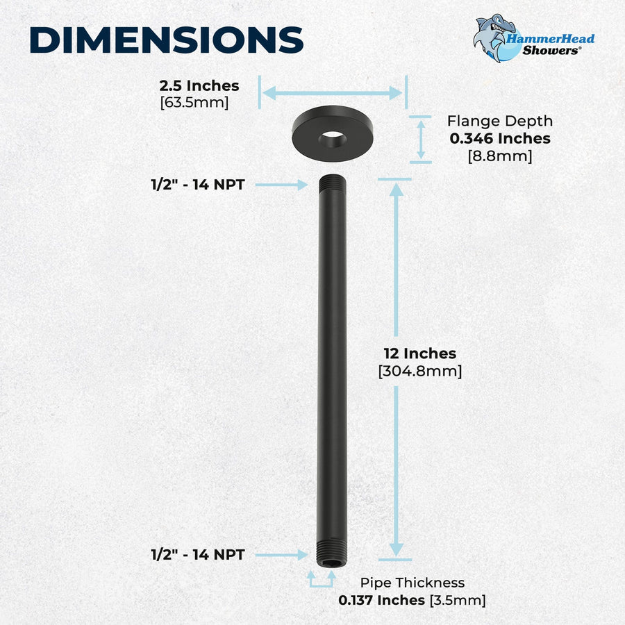 Dimensions 12" Straight Shower Arm Oil Rubbed Bronze  - The Shower Head Store