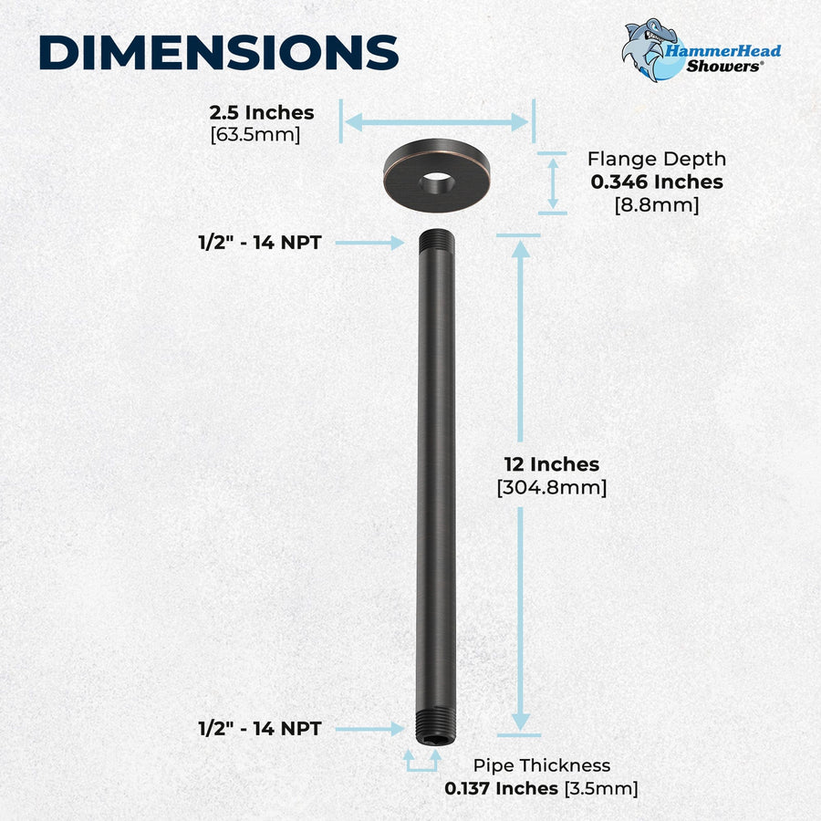 Dimensions 12" Straight Shower Arm Oil Rubbed Bronze  - The Shower Head Store