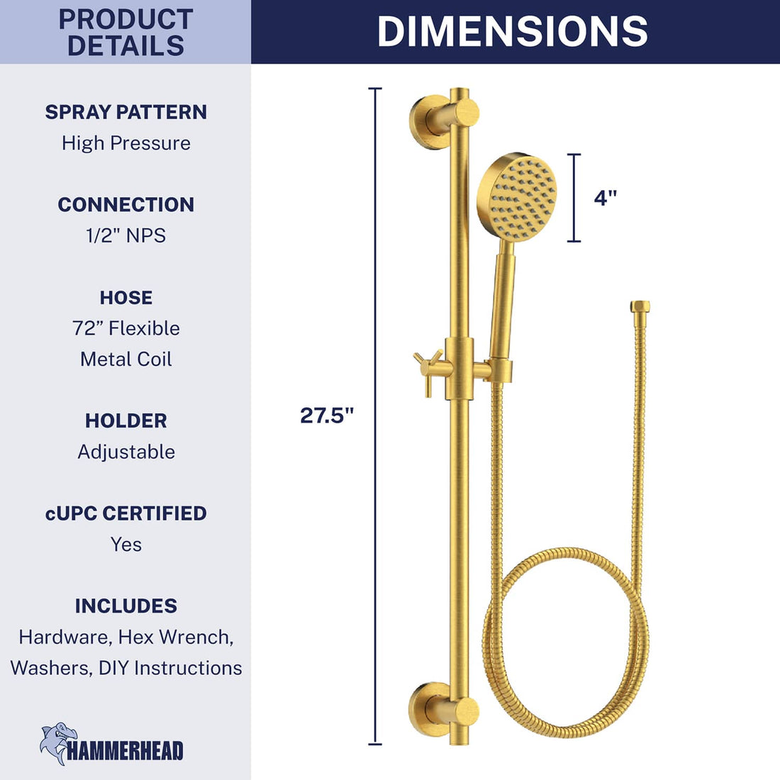 Dimensions ALL Metal Shower Slide Bar with Hand Held Shower Head & Hose Brushed Gold / 2.5 GPM Brushed Gold / 1.75 GPM - The Shower Head Store