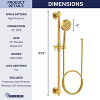 Dimensions ALL Metal Shower Slide Bar with Hand Held Shower Head & Hose Brushed Gold / 2.5 GPM Brushed Gold / 1.75 GPM - The Shower Head Store