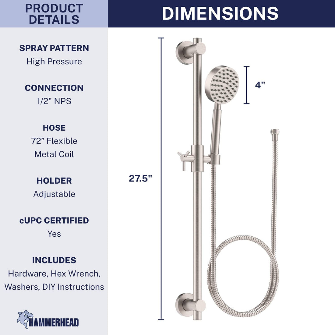 Dimensions ALL Metal Shower Slide Bar with Hand Held Shower Head & Hose Brushed Nickel / 2.5 GPM Brushed Nickel / 1.75 GPM - The Shower Head Store