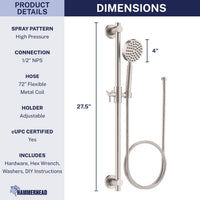Dimensions ALL Metal Shower Slide Bar with Hand Held Shower Head & Hose Brushed Nickel / 2.5 GPM Brushed Nickel / 1.75 GPM - The Shower Head Store