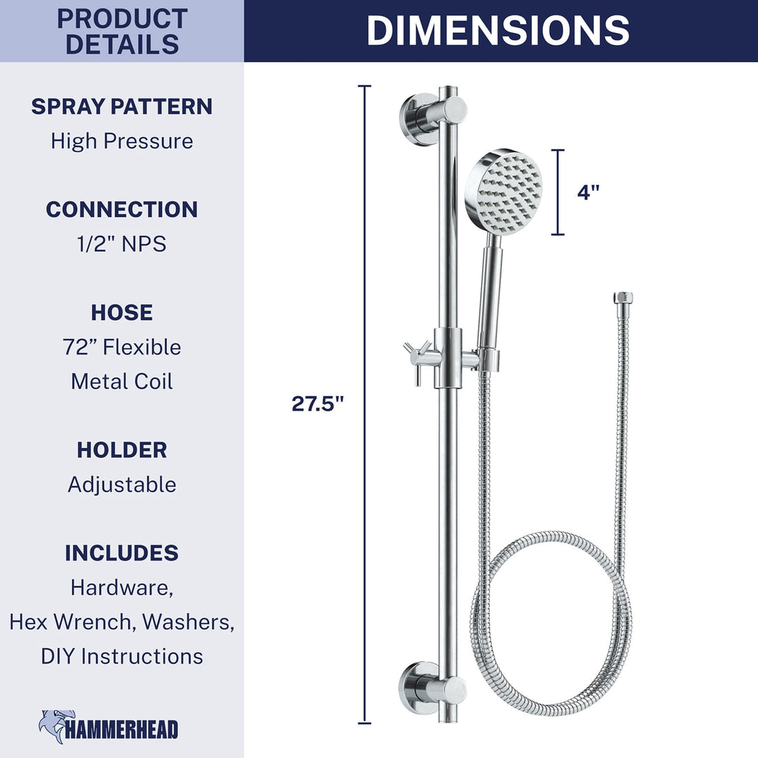 Dimensions ALL Metal Shower Slide Bar with Hand Held Shower Head & Hose Chrome / 2.5 GPM Chrome / 1.75 GPM - The Shower Head Store