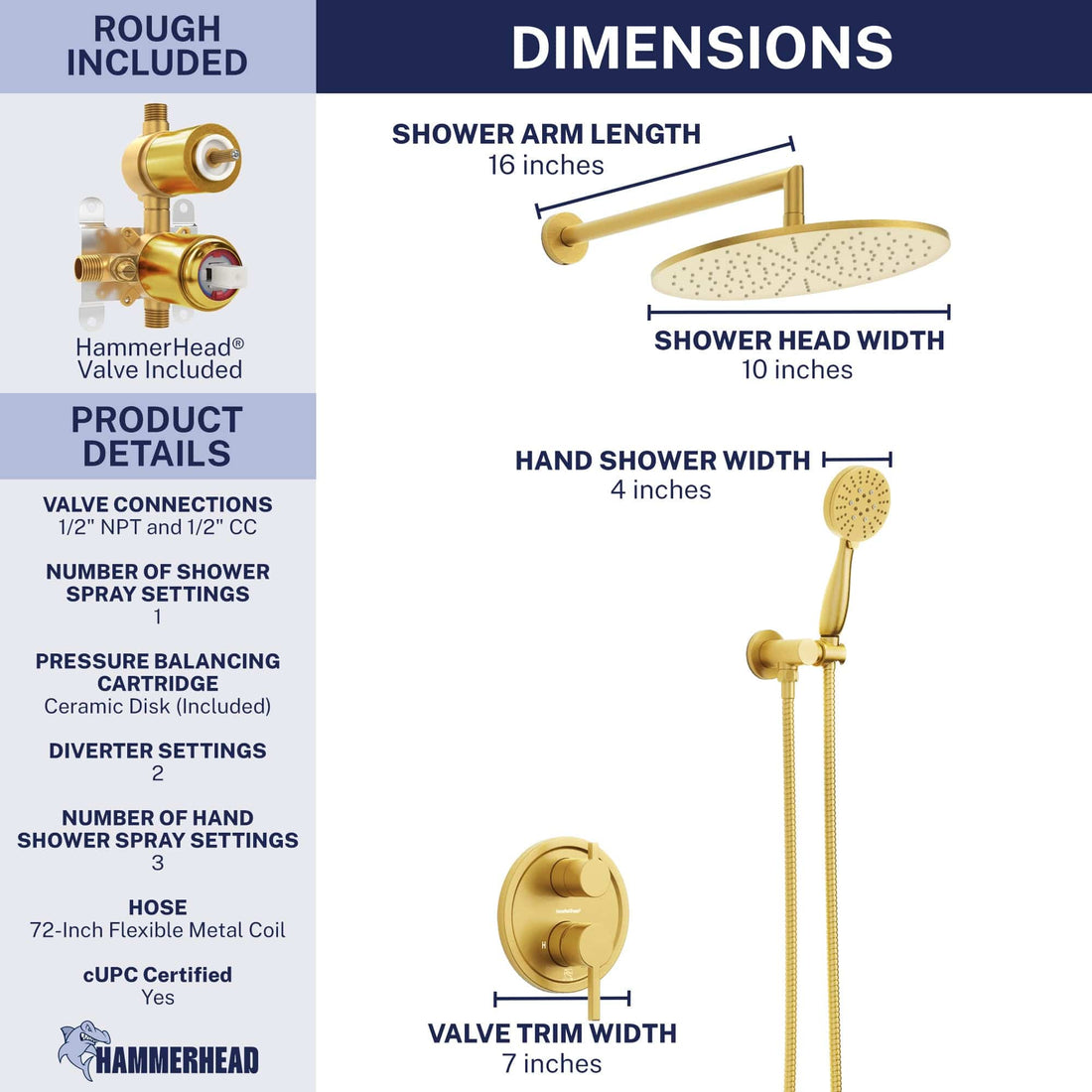 Dimensions 2-Handle Shower System with 10" Rain, Diverter & Handheld Brushed Gold / 2.5 GPM - The Shower Head Store