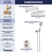 Dimensions 2-Handle Shower System with 10" Rain, Diverter & Handheld Brushed Nickel / 2.5 GPM - The Shower Head Store
