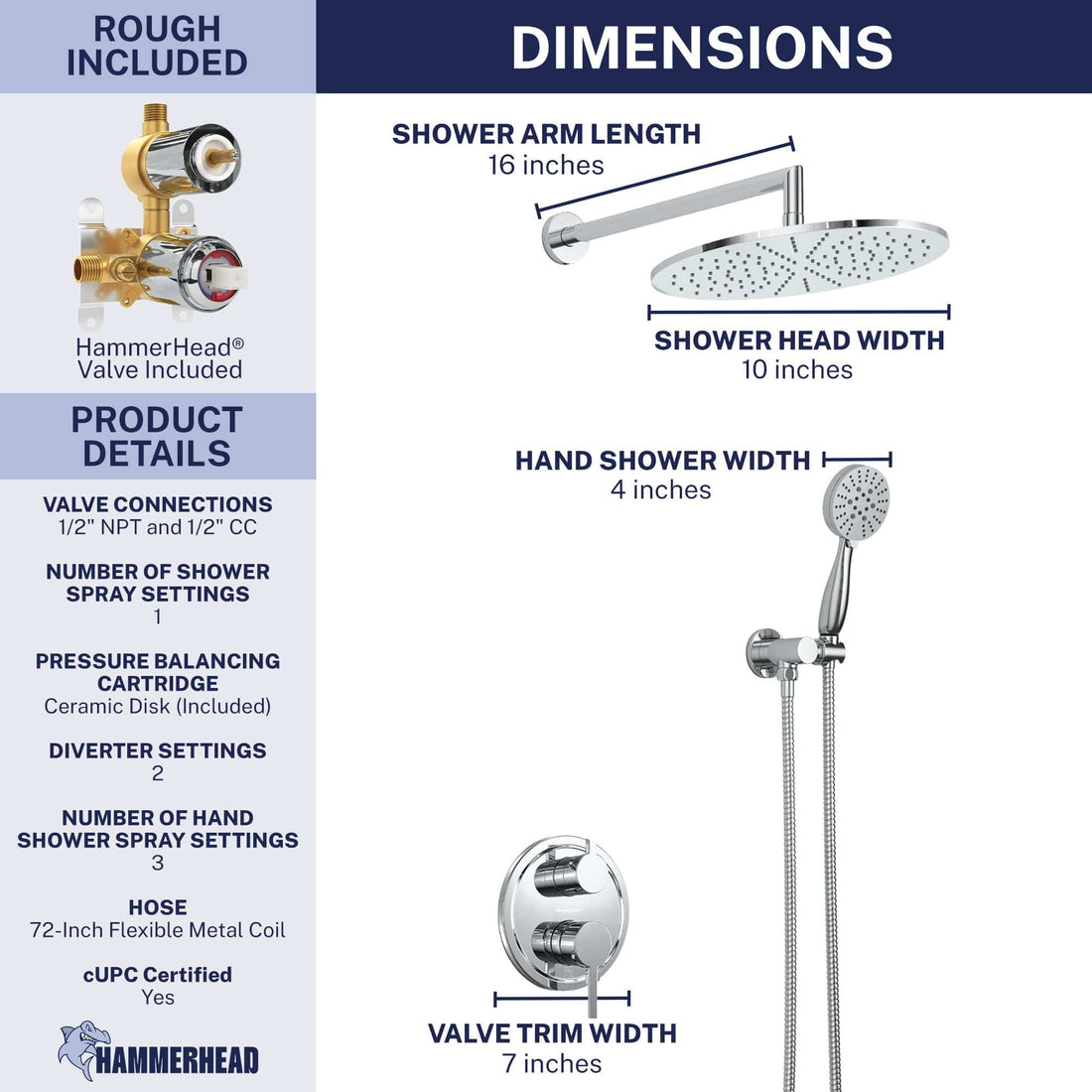 Dimensions 2-Handle Shower System with 10" Rain, Diverter & Handheld Chrome / 2.5 GPM - The Shower Head Store
