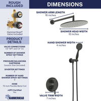 Dimensions 2-Handle Shower System with 10" Rain, Diverter & Handheld Matte Black / 2.5 GPM - The Shower Head Store