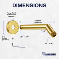 Dimensions All Metal 7" Shower Arm Brushed Gold  - The Shower Head Store