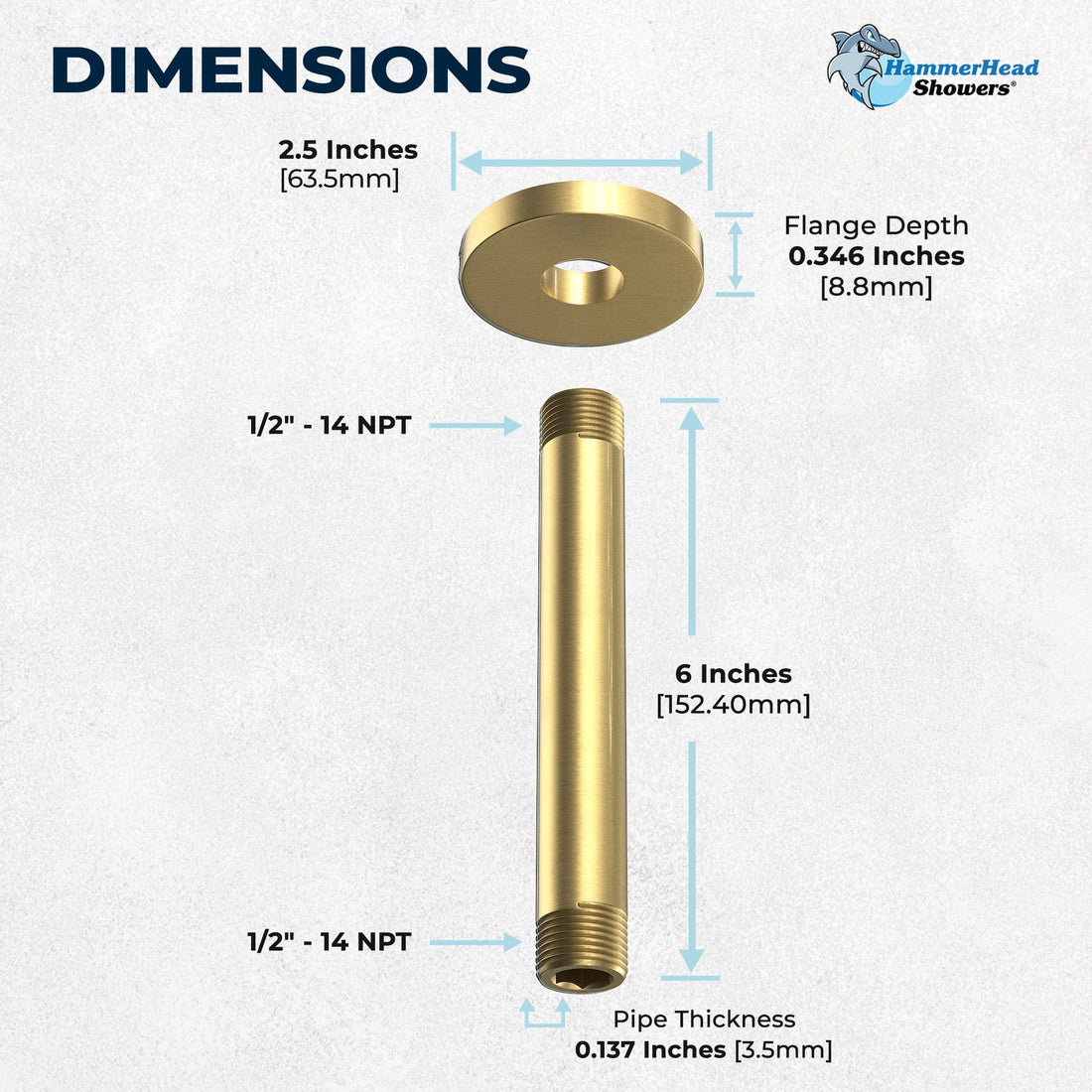 Dimensions 6" Straight Shower Arm Brushed Gold  - The Shower Head Store