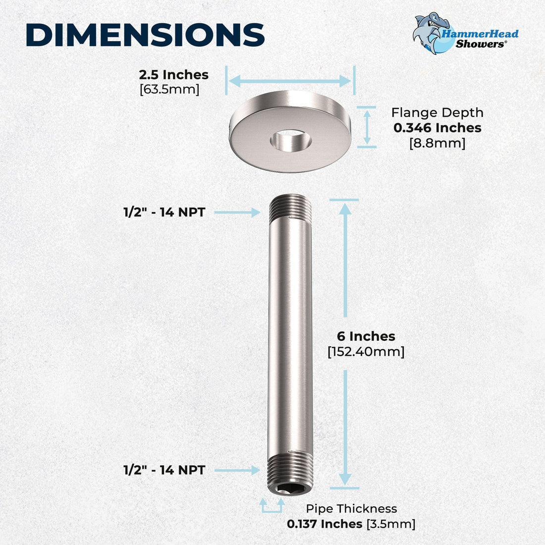 Locking Flange Feature 6" Straight Shower Arm Brushed Nickel  - The Shower Head Store