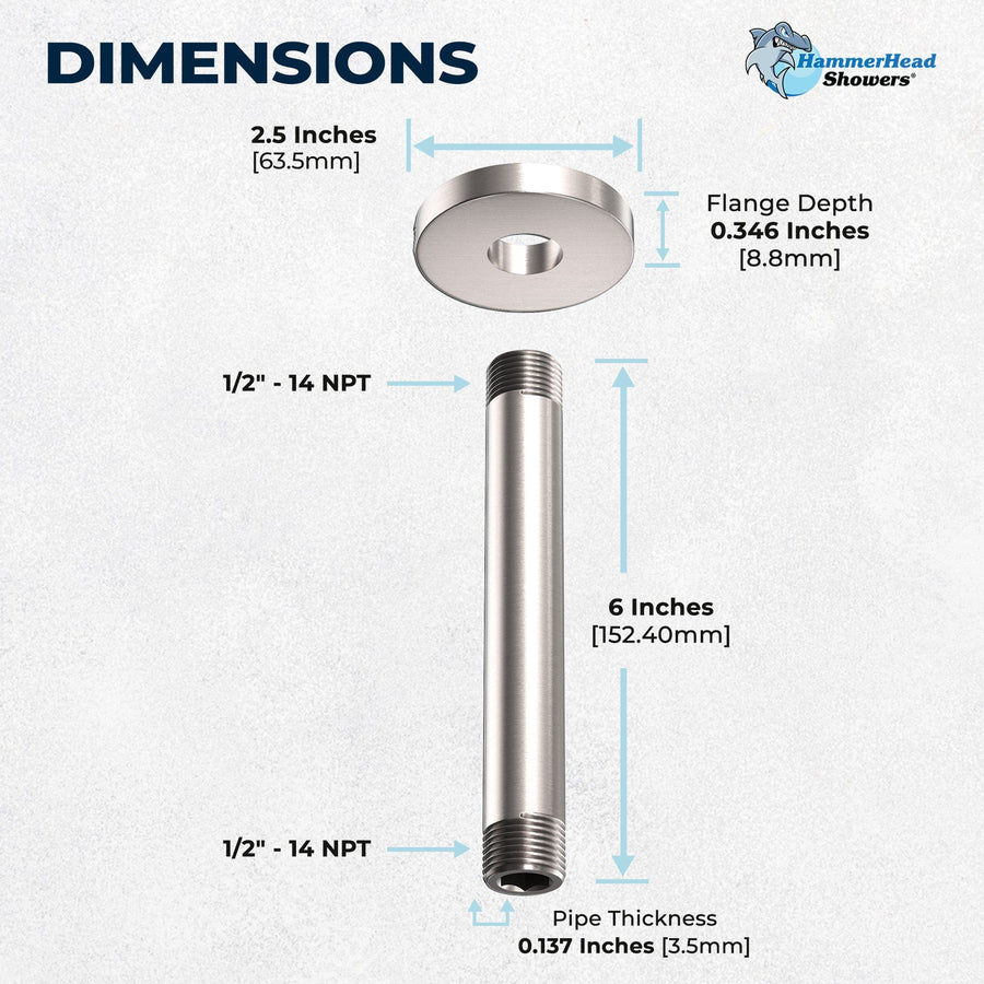 Locking Flange Feature 6" Straight Shower Arm Brushed Nickel  - The Shower Head Store