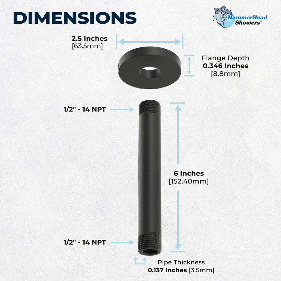 Dimensions 6" Straight Shower Arm Matte Black  - The Shower Head Store