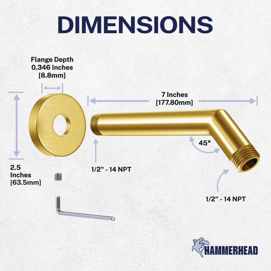 Dimensions All Metal 7" Shower Arm Brushed Gold  - The Shower Head Store