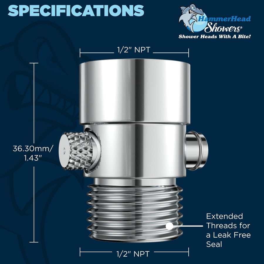 (Dimensions) HammerHead Showers ALL METAL Water Flow Control Valve for Shower Head - Brass Push-Button Shower Shut Off Valve Reduces Flow to a Trickle - Plumbing Code Compliant Chrome - The Shower Head Store
