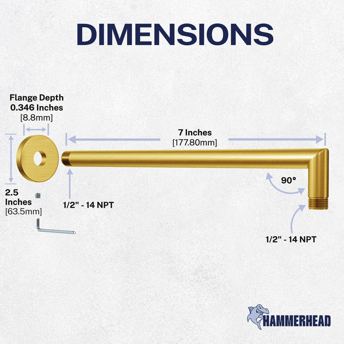 Dimensions J-Shaped Overhead Shower Arm Brushed Gold  - The Shower Head Store