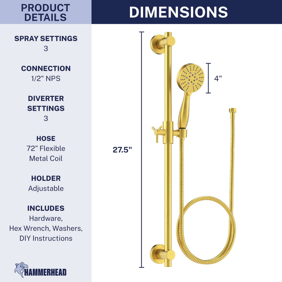 Dimensions Slide Bar with 3-Spray Hand Held Shower Head & Hose Brushed Gold / 2.5 GPM Brushed Gold / 1.75 GPM - The Shower Head Store