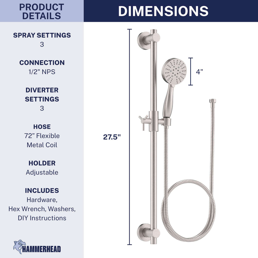 Dimensions Slide Bar with 3-Spray Hand Held Shower Head & Hose Brushed Nickel / 2.5 GPM Brushed Nickel / 1.75 GPM  - The Shower Head Store