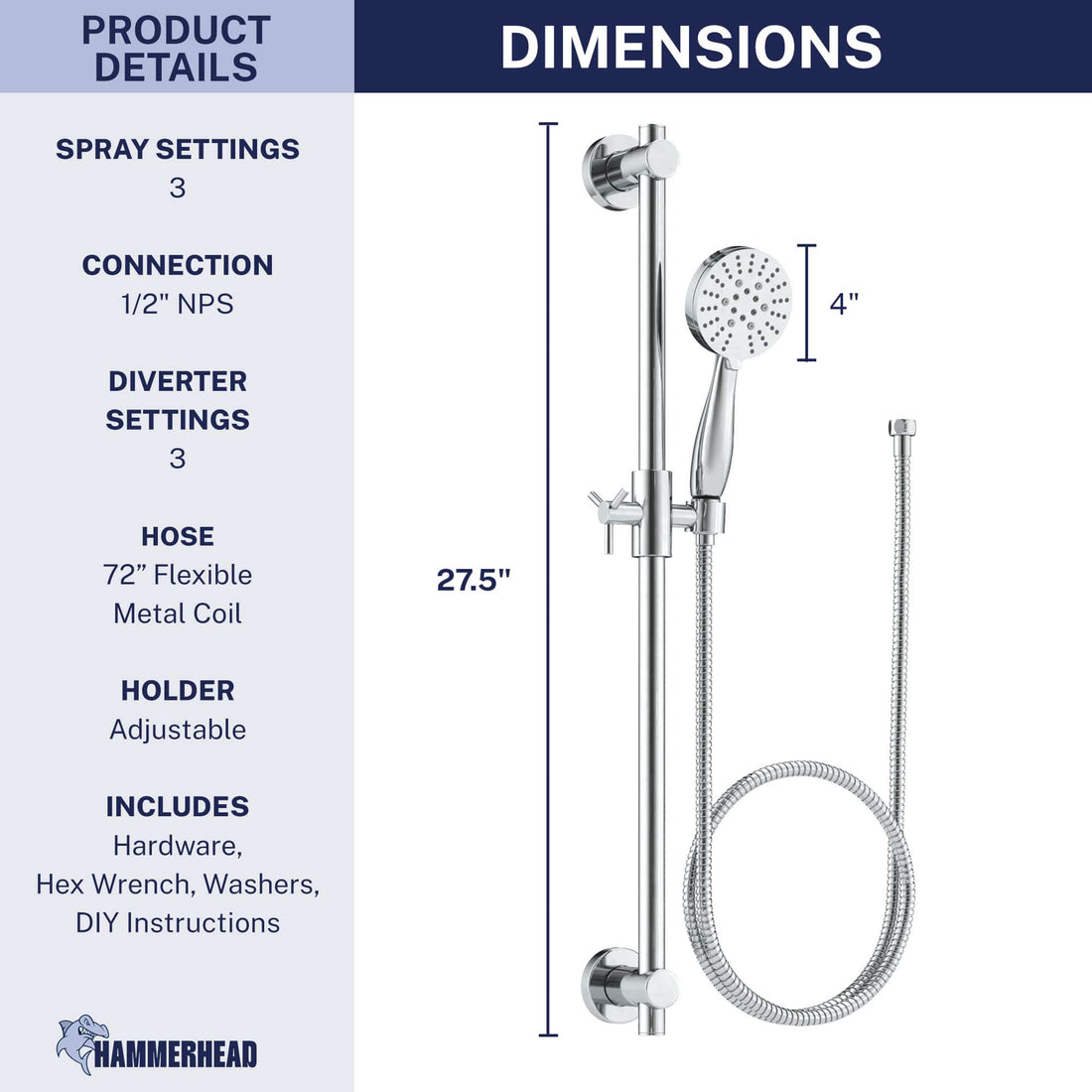 Dimensions Slide Bar with 3-Spray Hand Held Shower Head & Hose Chrome / 2.5 GPM Chrome / 1.75 GPM  - The Shower Head Store