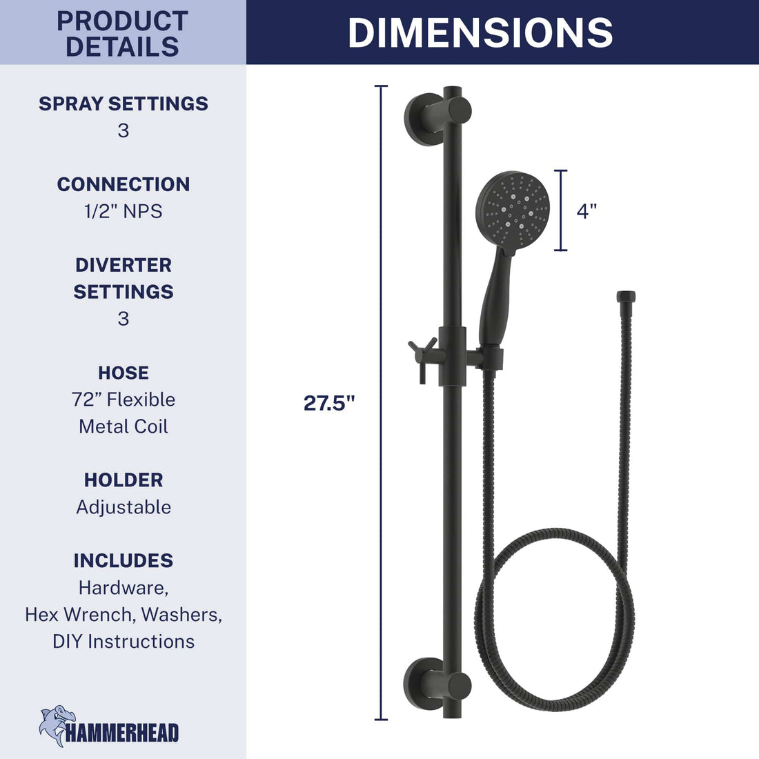 Dimensions Slide Bar with 3-Spray Hand Held Shower Head & Hose Matte Black / 2.5 GPM Matte Black / 1.75 GPM  - The Shower Head Store