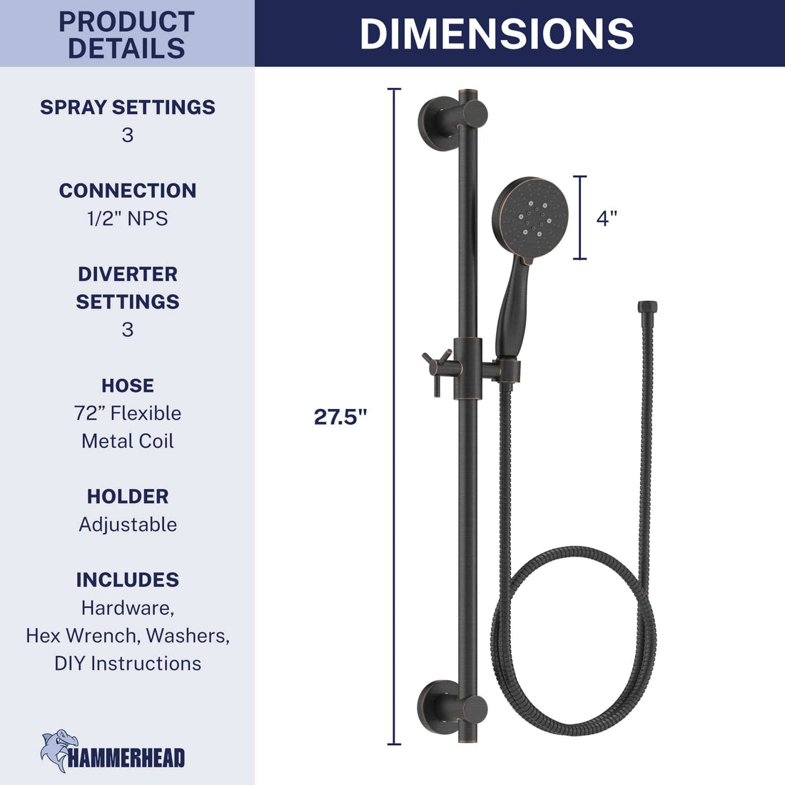 Dimensions Slide Bar with 3-Spray Hand Held Shower Head & Hose Oil Rubbed Bronze / 2.5 GPM Oil Rubbed Bronze / 1.75 GPM  - The Shower Head Store