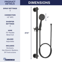 Dimensions Slide Bar with 3-Spray Hand Held Shower Head & Hose Oil Rubbed Bronze / 2.5 GPM Oil Rubbed Bronze / 1.75 GPM  - The Shower Head Store