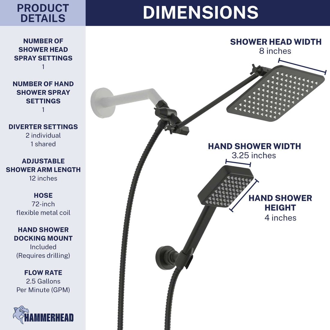 Dimensions Square Dual Shower Head Set Matte Black / 2.5 - The Shower Head Store