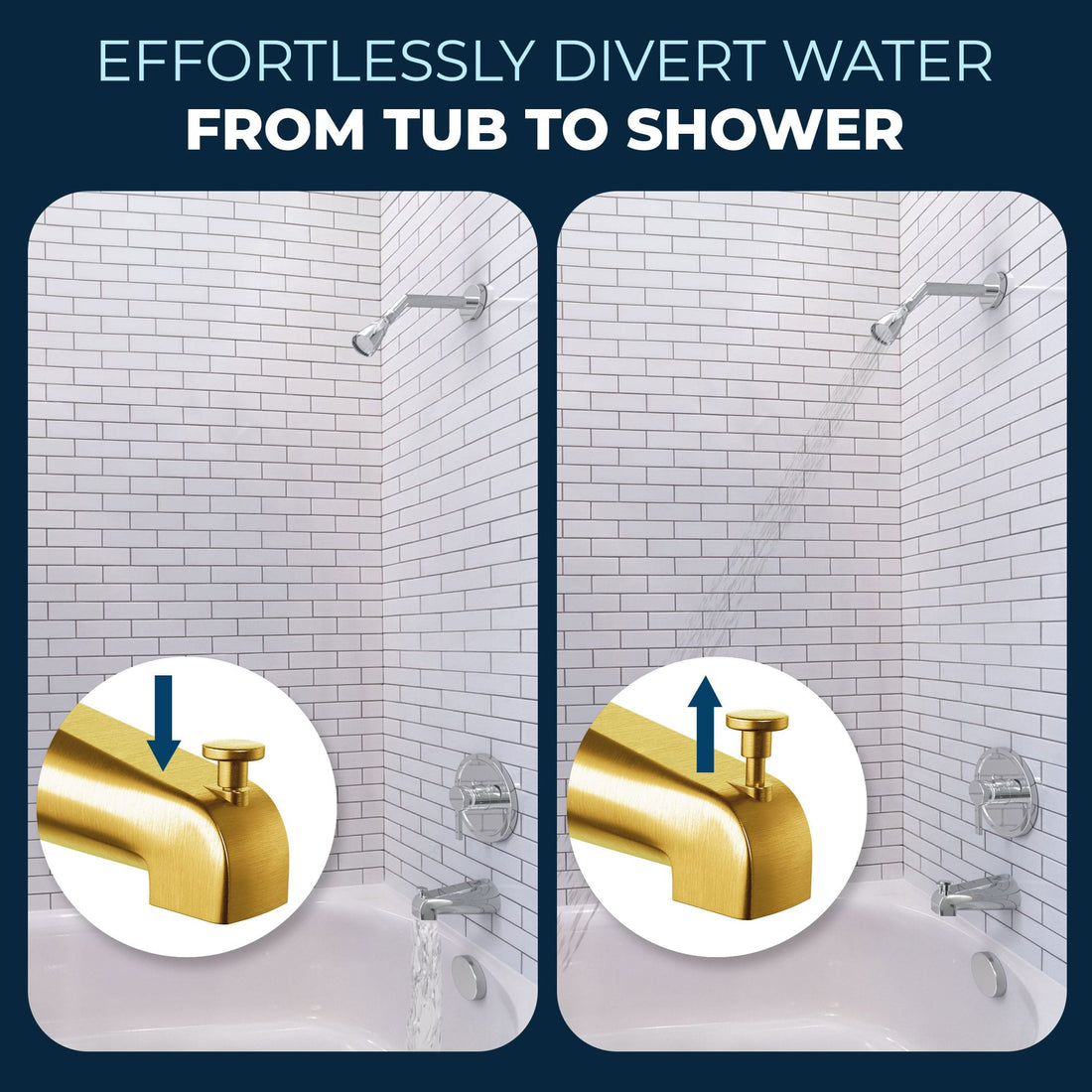 Divert Water 2 Inch High Pressure Shower Head Set with Tub Spout and Valve and Trim Brushed Gold / 2.5 GPM Brushed Gold / 1.75 GPM - The Shower Head Store