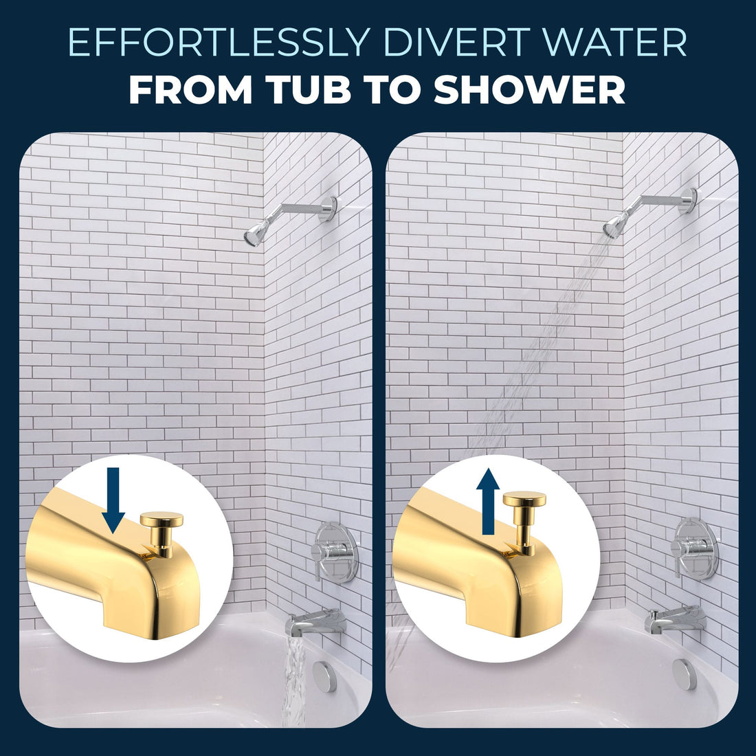 Divert Water 2 Inch High Pressure Shower Head Set with Tub Spout and Valve and Trim Polished Brass / 2.5 GPM Polished Brass / 1.75 GPM - The Shower Head Store