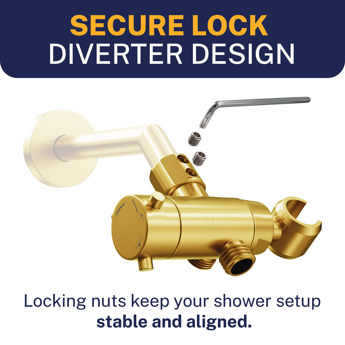 Secure Lock HammerHead Showers Solid Brass 3-Way Diverter With Handheld Shower Holder Brushed Gold - The Shower Head Store