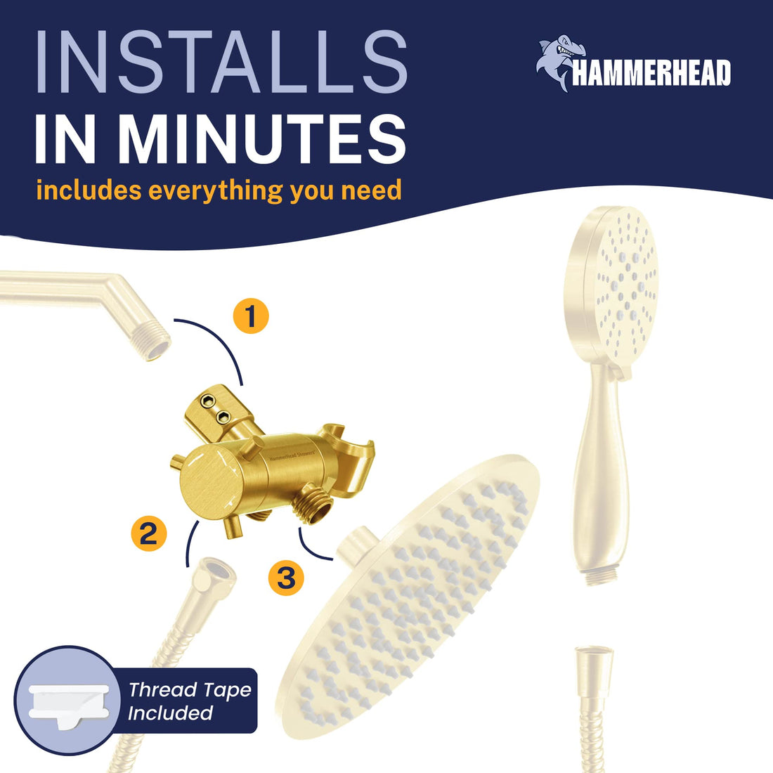 Installation HammerHead Showers Solid Brass 3-Way Diverter With Handheld Shower Holder Brushed Gold - The Shower Head Store