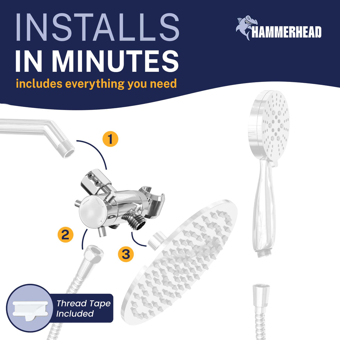 Installation HammerHead Showers Solid Brass 3-Way Diverter With Handheld Shower Holder Chrome - The Shower Head Store