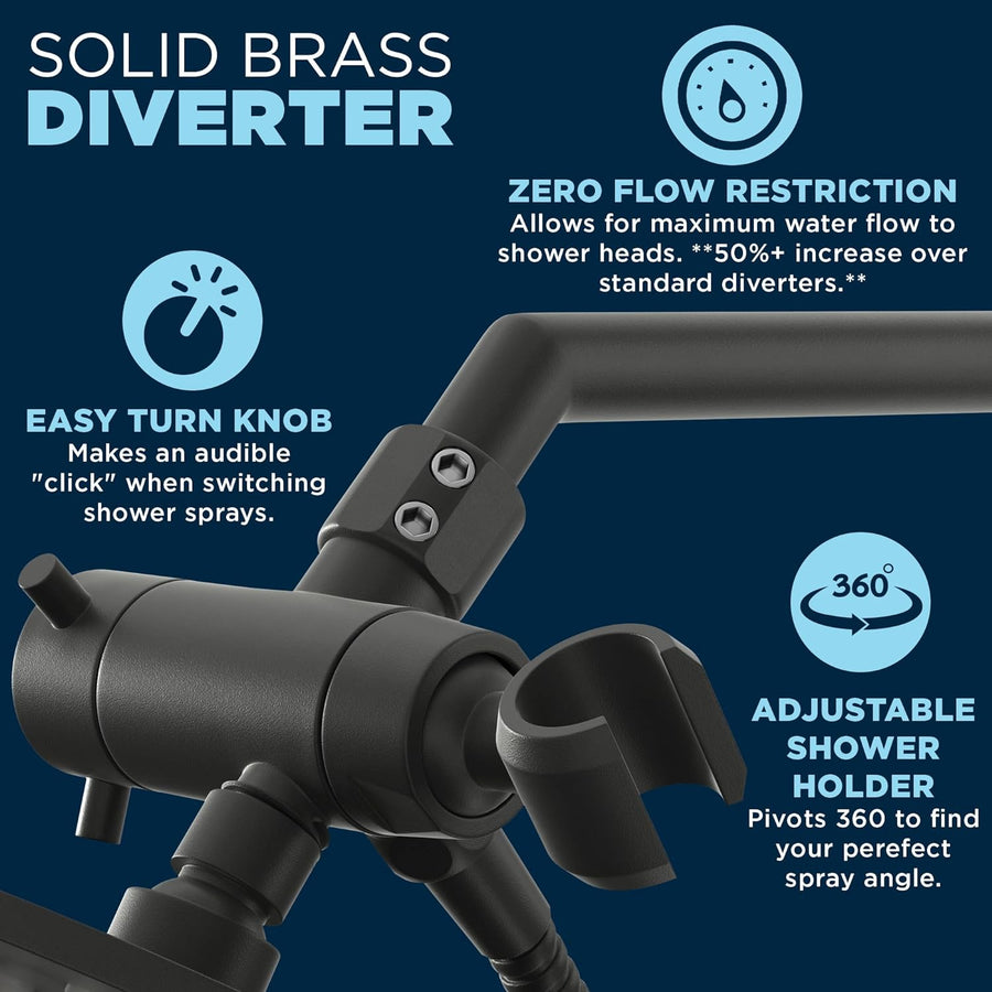 Solid Brass Diverter 1-Spray Dual with Adjustable Arm Matte Black / 2.5 - The Shower Head Store