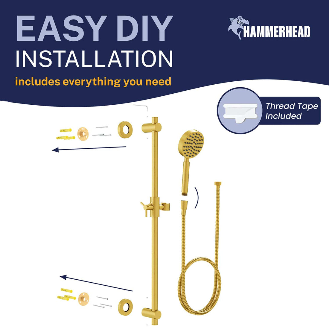 Easy Install ALL Metal Shower Slide Bar with Hand Held Shower Head & Hose Brushed Gold / 2.5 GPM Brushed Gold / 1.75 GPM - The Shower Head Store