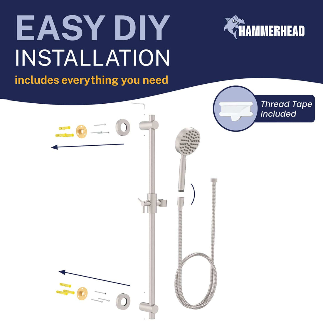 Easy Install ALL Metal Shower Slide Bar with Hand Held Shower Head & Hose Brushed Nickel / 2.5 GPM Brushed Nickel / 1.75 GPM - The Shower Head Store