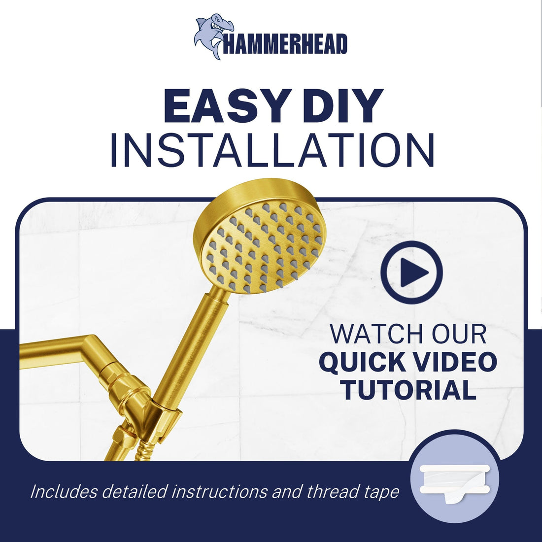 Installation All Metal Handheld Shower Head Set 1-Spray Chrome - The Shower Head Store Brushed Gold / 2.5 GPM Brushed Gold / 1.75 GPM