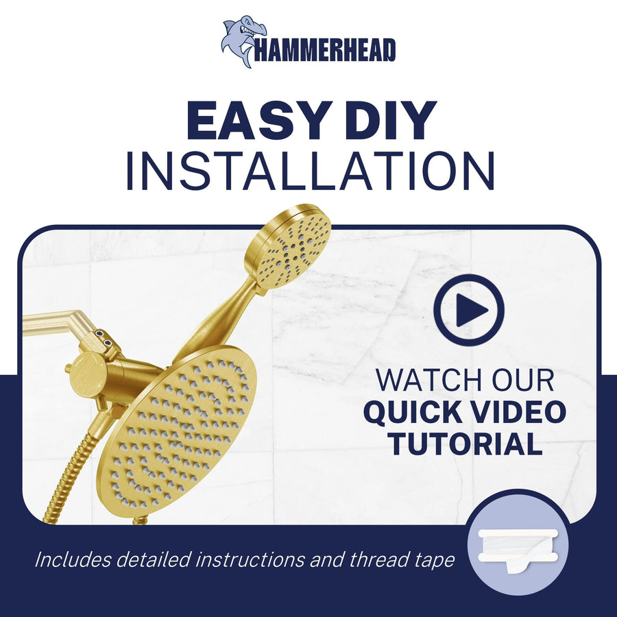 Installation All Metal 3-Spray Dual Shower Head Combo with Hand Held & Rain Shower - Brushed Gold - The Shower Head Store