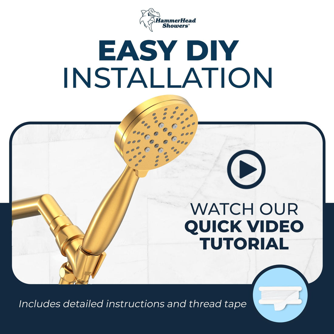 Installation California Compliant Low Flow HammerHead Showers 3-Spray Handheld Shower Head 1.8 / Brushed Gold - The Shower Head Store