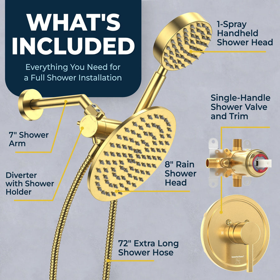 What's Included Complete Shower System with Valve and Trim Brushed Gold  / 2.5 - The Shower Head Store