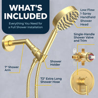 What's Included Valve and Trim, Low Flow 1-Spray Handheld and 7" Shower Arm Brushed Gold  / 1.75 - The Shower Head Store