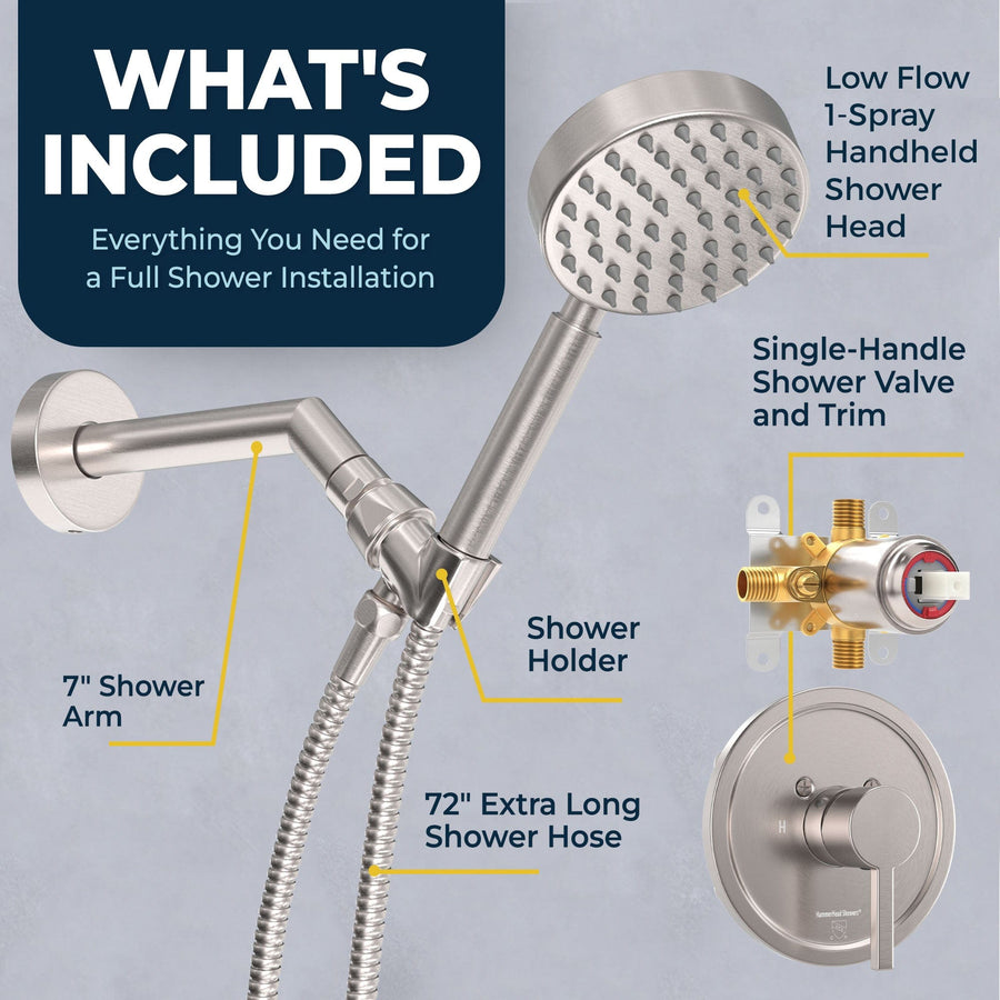 What's Included Valve and Trim, Low Flow 1-Spray Handheld and 7" Shower Arm Brushed Nickel  / 1.75 - The Shower Head Store