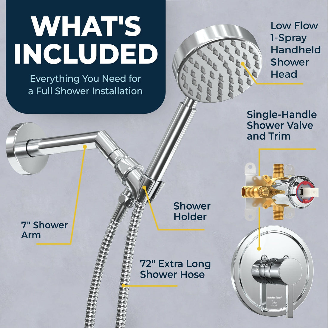 What's Included Valve and Trim, Low Flow 1-Spray Handheld and 7" Shower Arm Chrome / 1.75 - The Shower Head Store