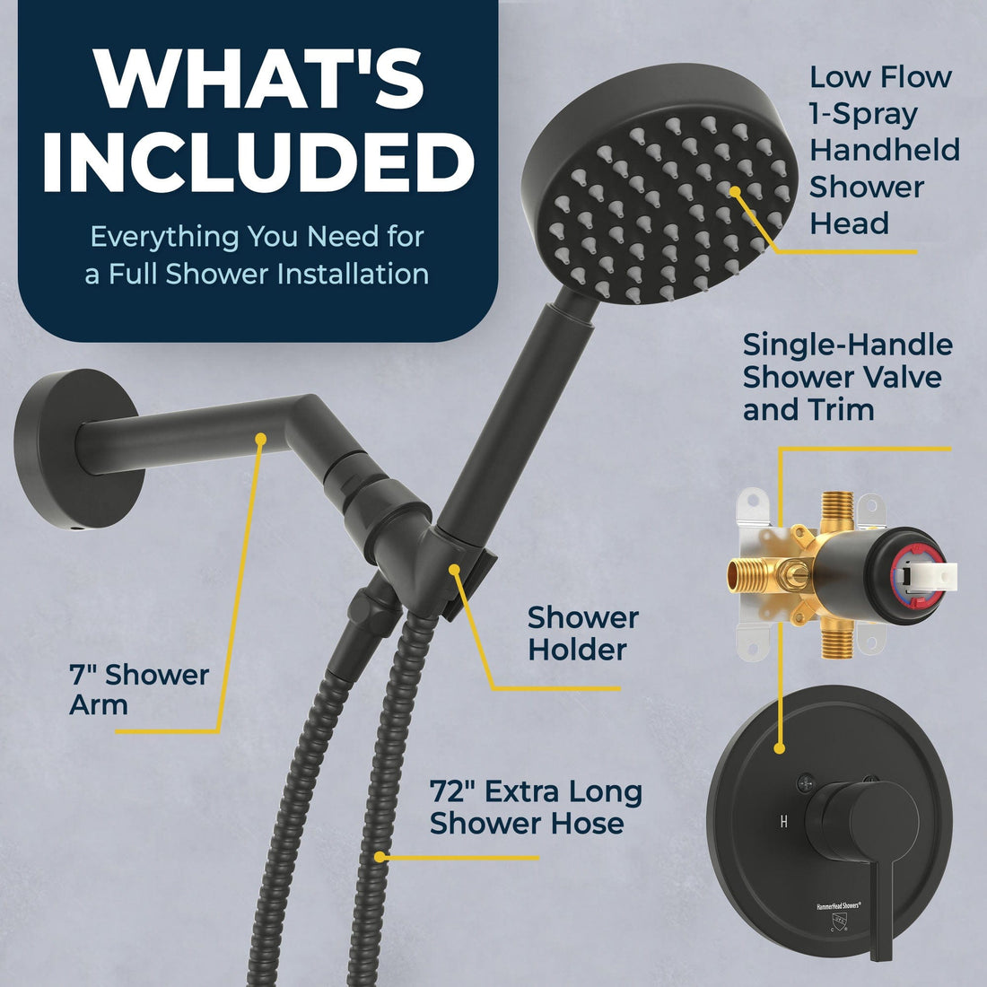 What's Included Valve and Trim, Low Flow 1-Spray Handheld and 7" Shower Arm Matte Black  / 1.75 - The Shower Head Store