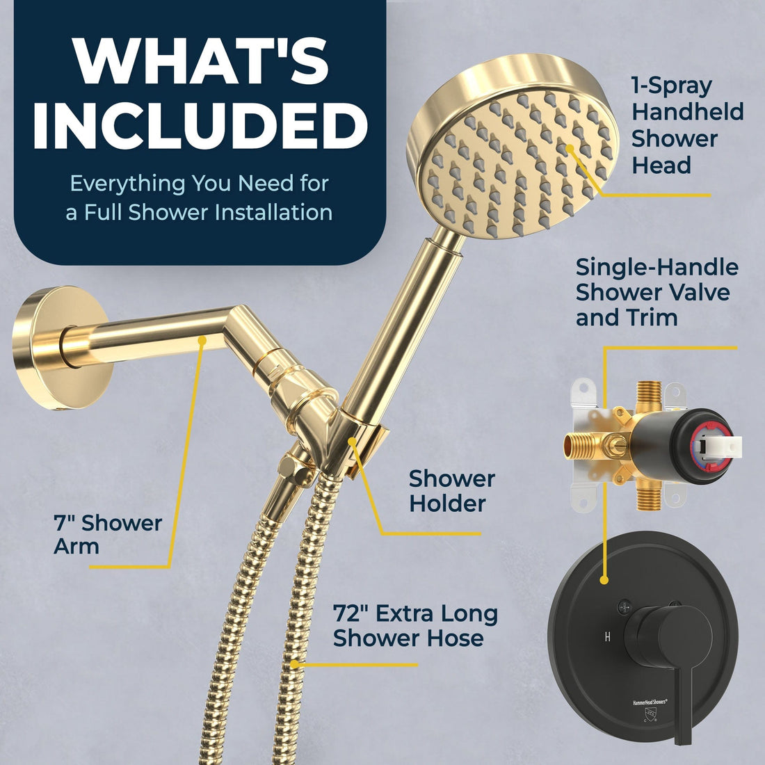 What's Included All Metal Handheld Shower Head Set - Complete Shower System with Valve and Trim Polished Brass  2.5